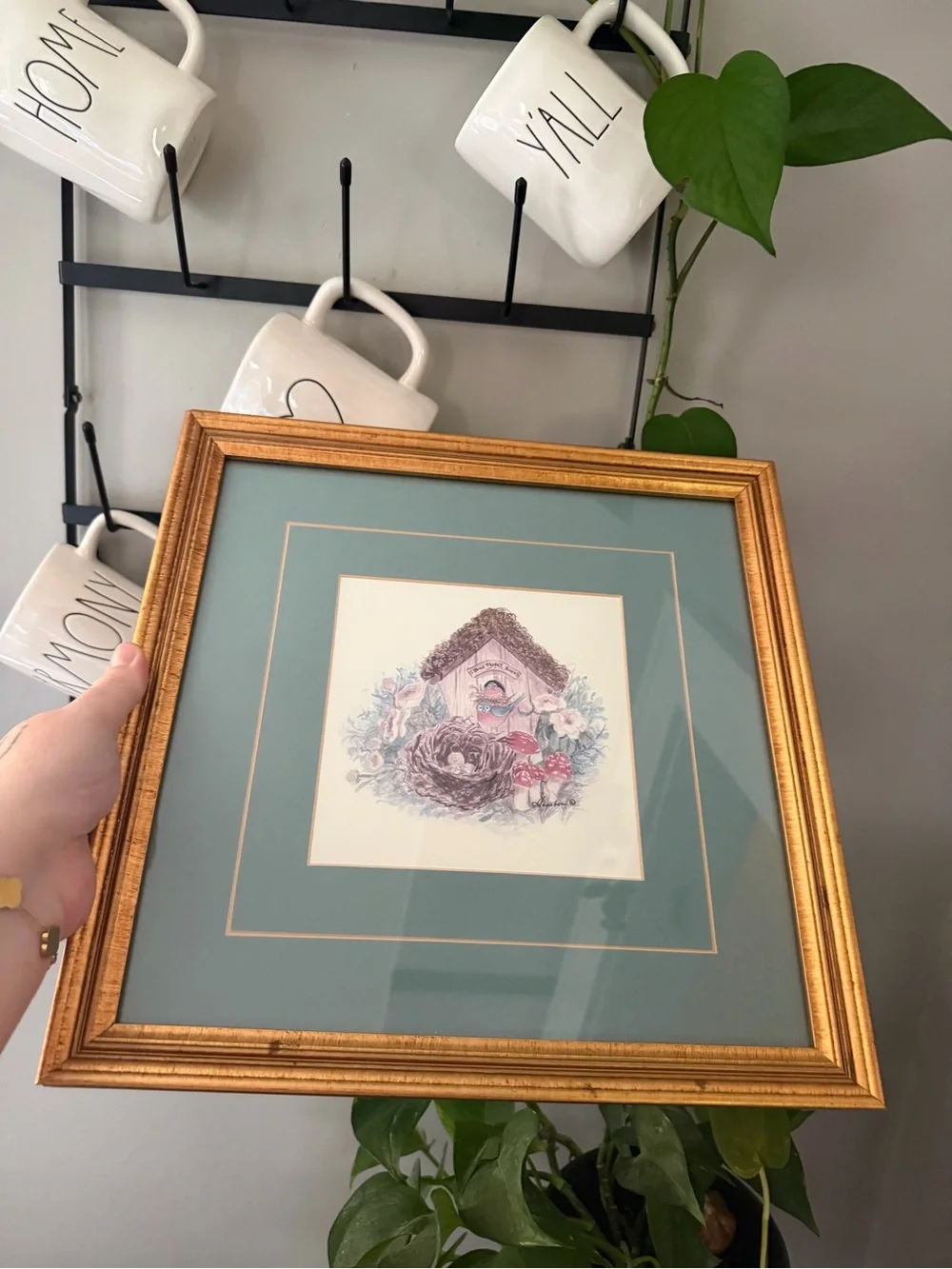 Large Square Gold Framed Glass Bird Picture With Birdhouse, Nest & Mushrooms